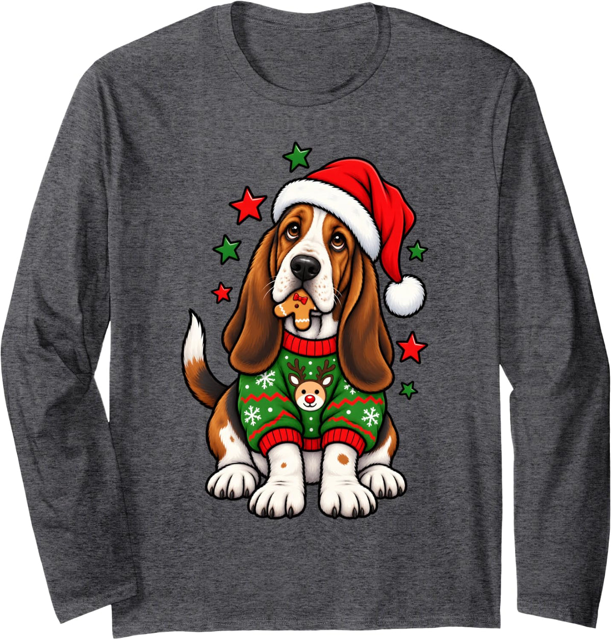 Santa Basset Hound Dog Holding Gingerbread Cookie Christmas Long Sleeve T-Shirt - Adult Unisex Dark Heather Grey
