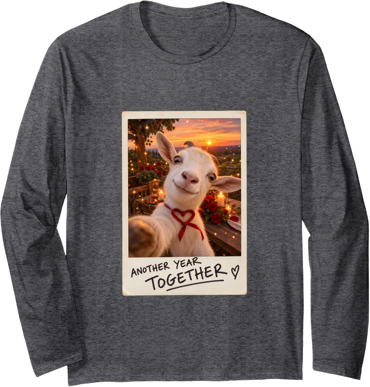 Another Year Together White Goat Selfie Anniversary Long Sleeve T-Shirt - Adult Unisex Dark Heather Grey