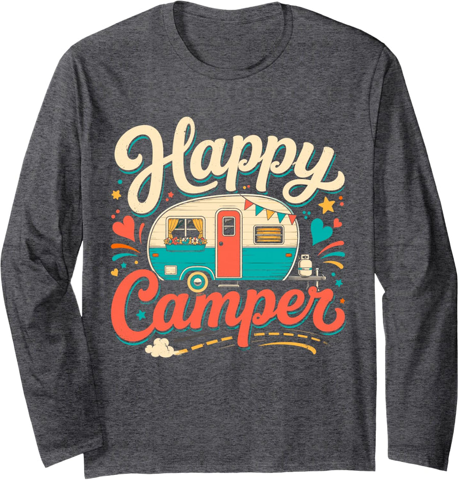 Happy Camper Summer Camp Camping Womens Girls Long Sleeve T-Shirt - Adult Unisex Dark Heather Grey