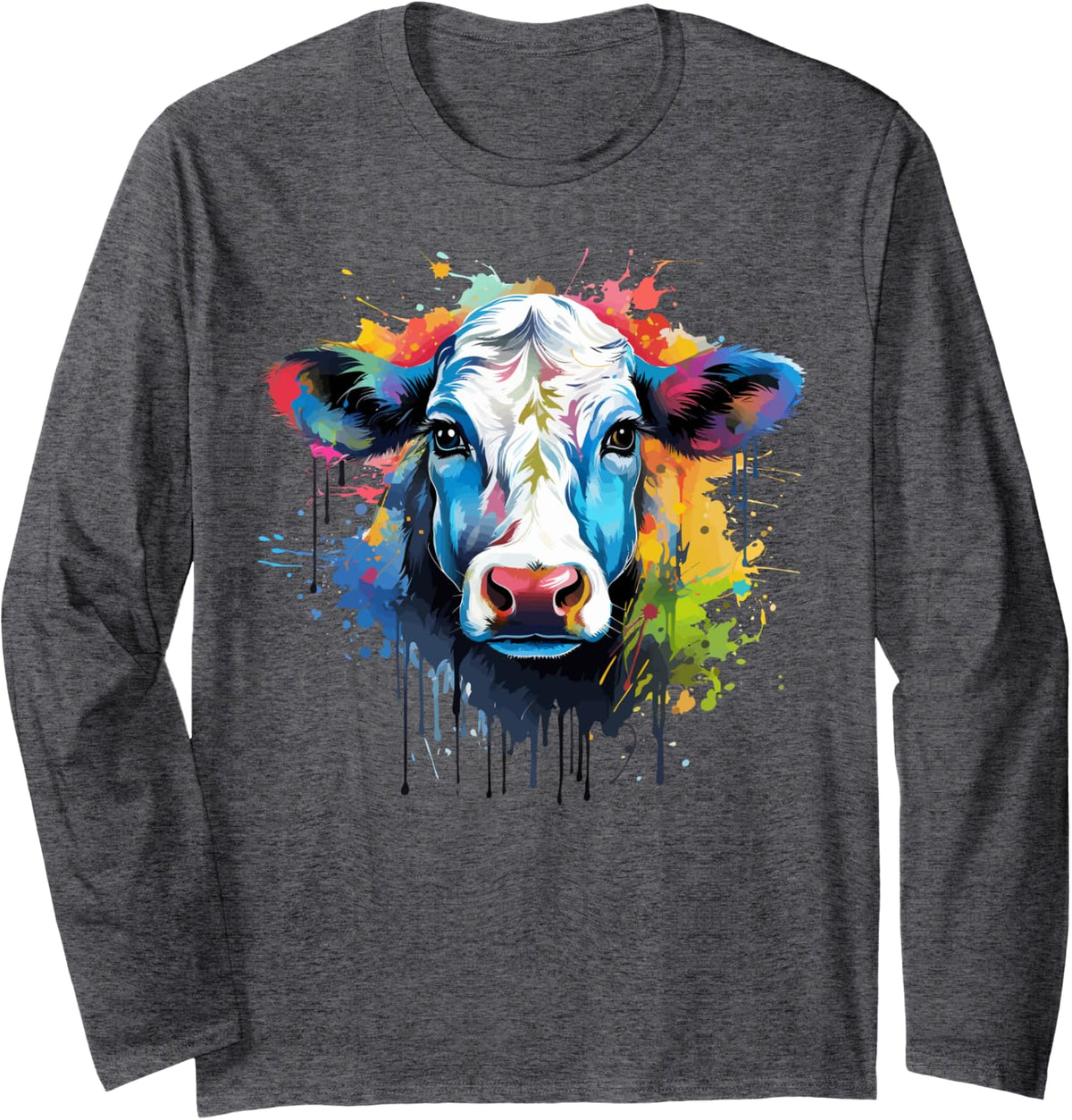 Colorful Splash Art Cow Farm Animal Lover Long Sleeve T-Shirt - Adult Unisex Dark Heather Grey