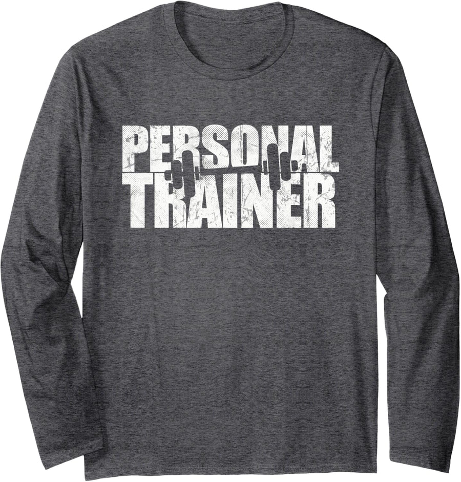Vintage Personal Trainer Fitness Girl Coach Dad Team Gym Guy Long Sleeve T-Shirt - Adult Unisex Dark Heather Grey