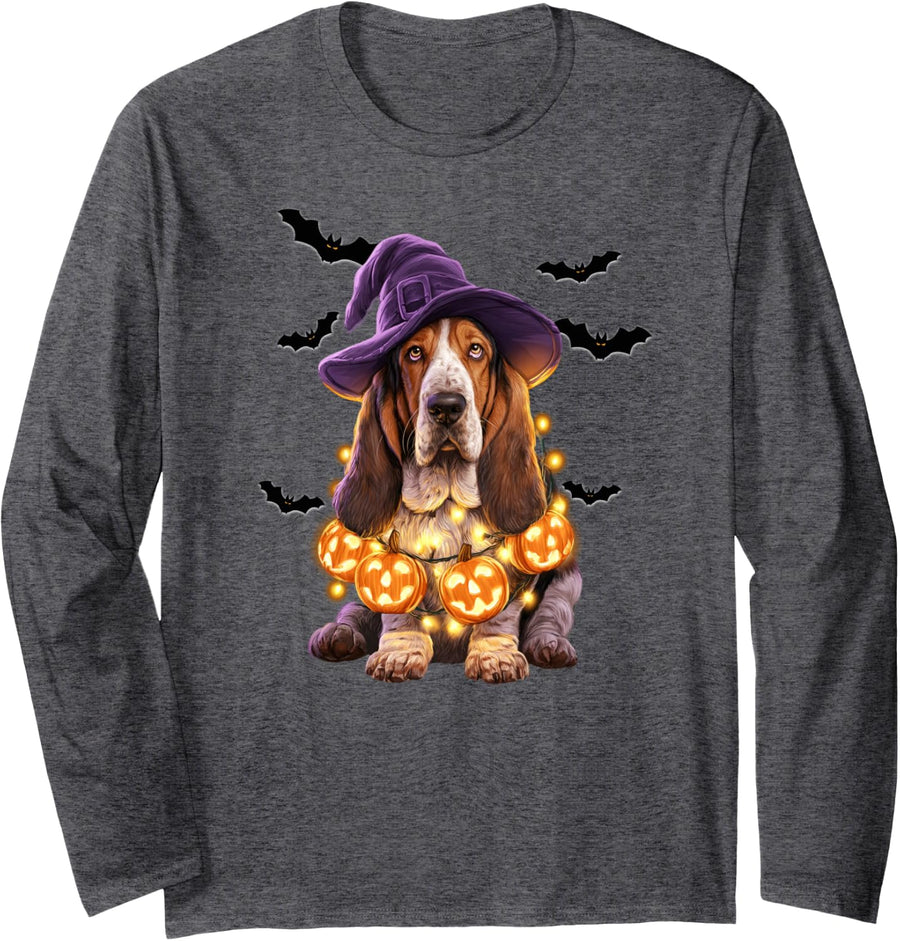 Cute Basset Hound Glowing Pumpkin Light Funny Dog Halloween Long Sleeve T-Shirt - Adult Unisex Dark Heather Grey