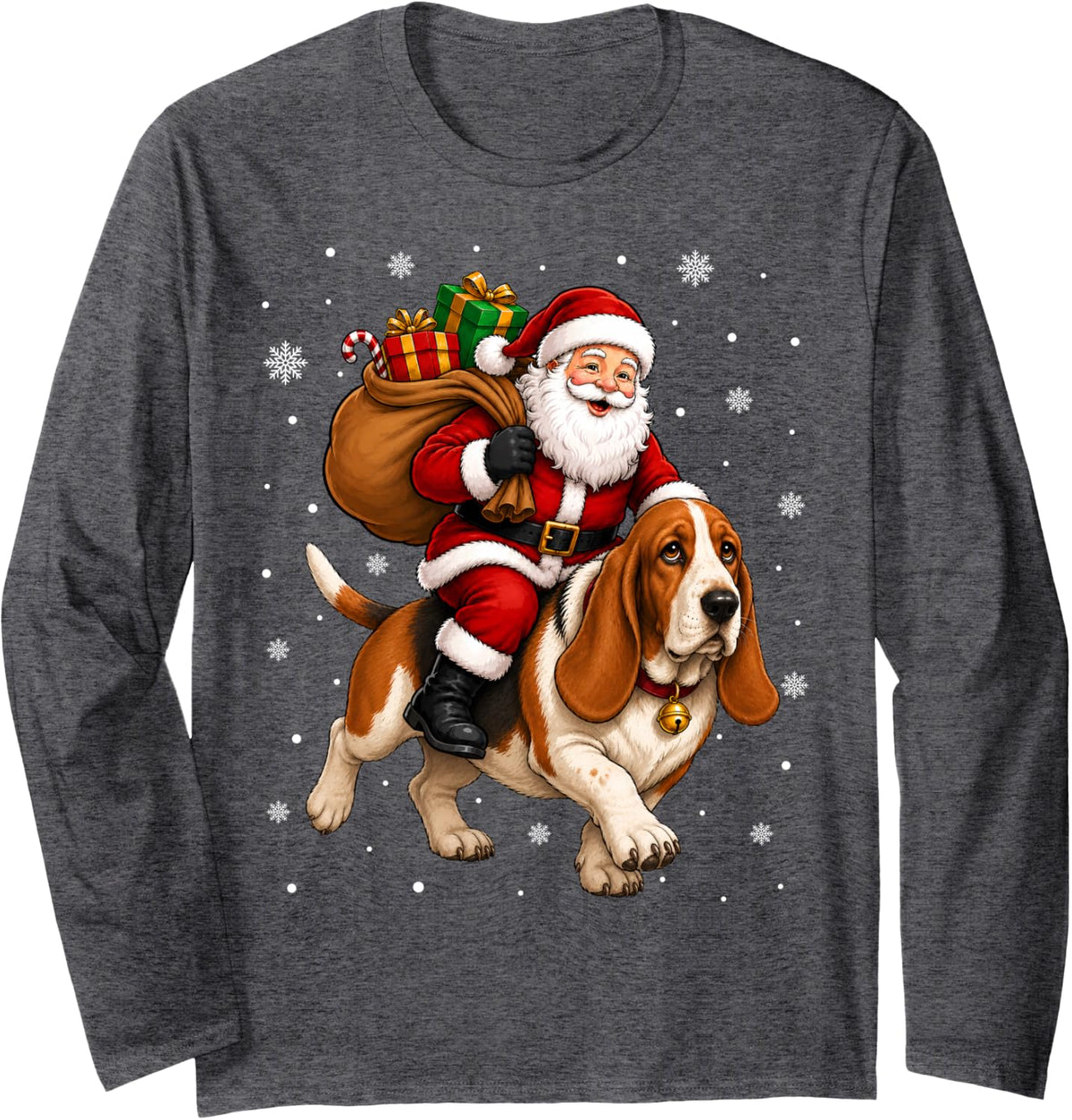 Festive Funny Santa Riding Basset Hound Dog Christmas Long Sleeve T-Shirt - Adult Unisex Dark Heather Grey