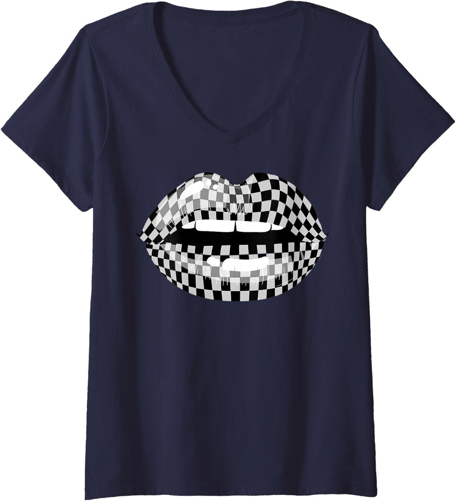 Womens Funny Checkered Black White Lip Gift Cute Checkerboard Women V-Neck T-Shirt - Navy Blue