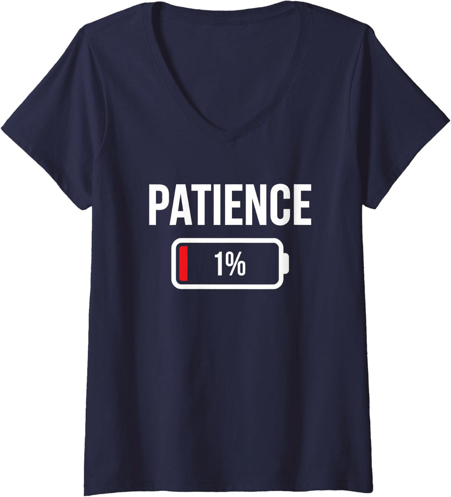 Women's Patience 1 Percent Sarcastic Low Tolerance Humor V-Neck T-Shirt - Navy Blue