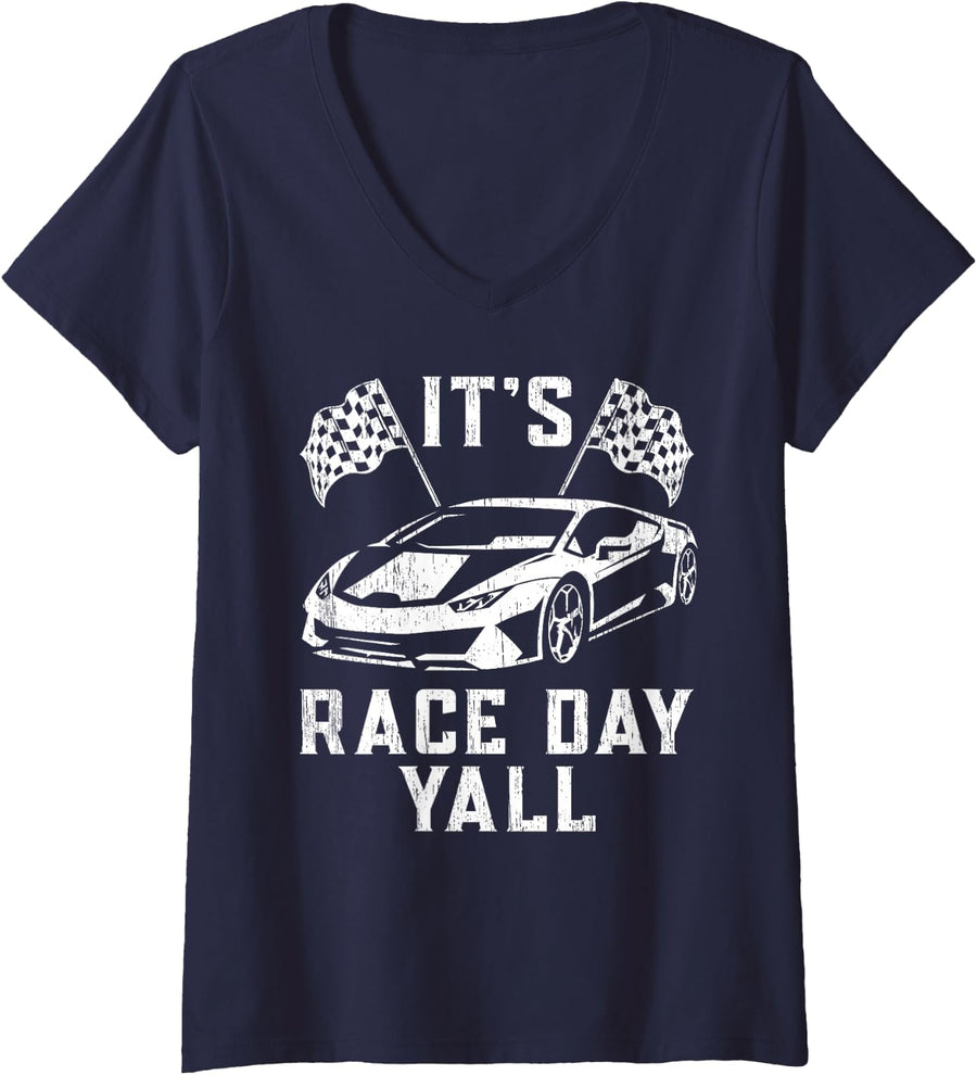 Women's It's Race Day Yall Racing Racing car V-Neck T-Shirt - Navy Blue