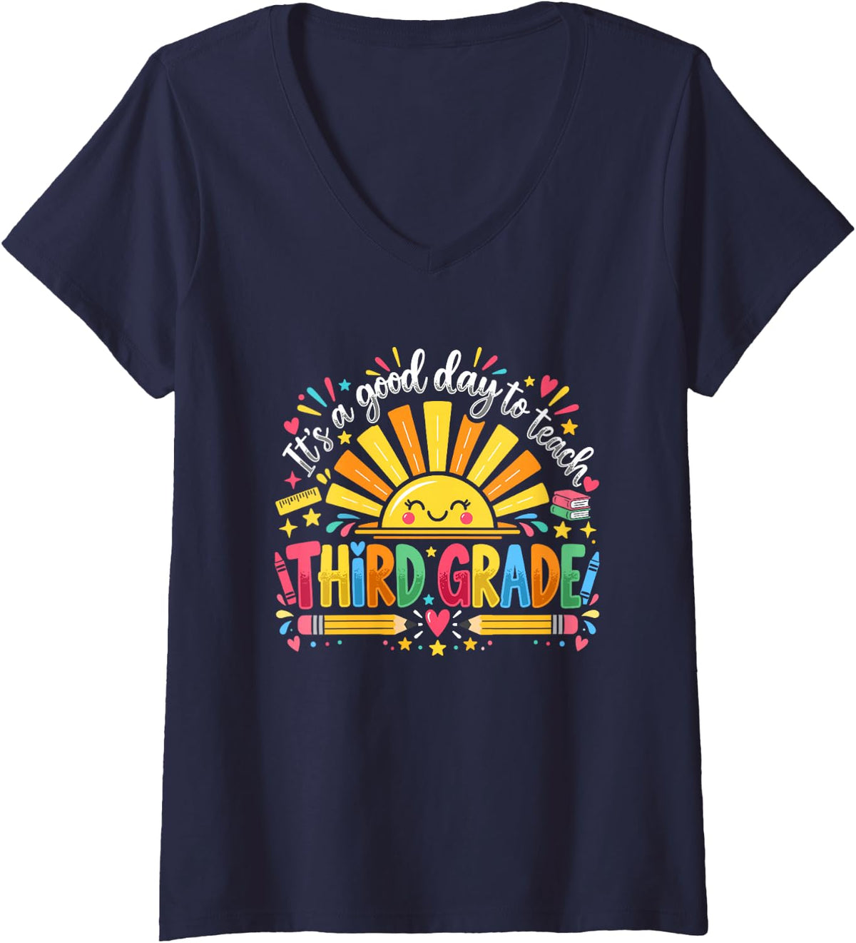 Women's Third Grade Teacher Good Day to Teach Sunshine V-Neck T-Shirt - Navy Blue