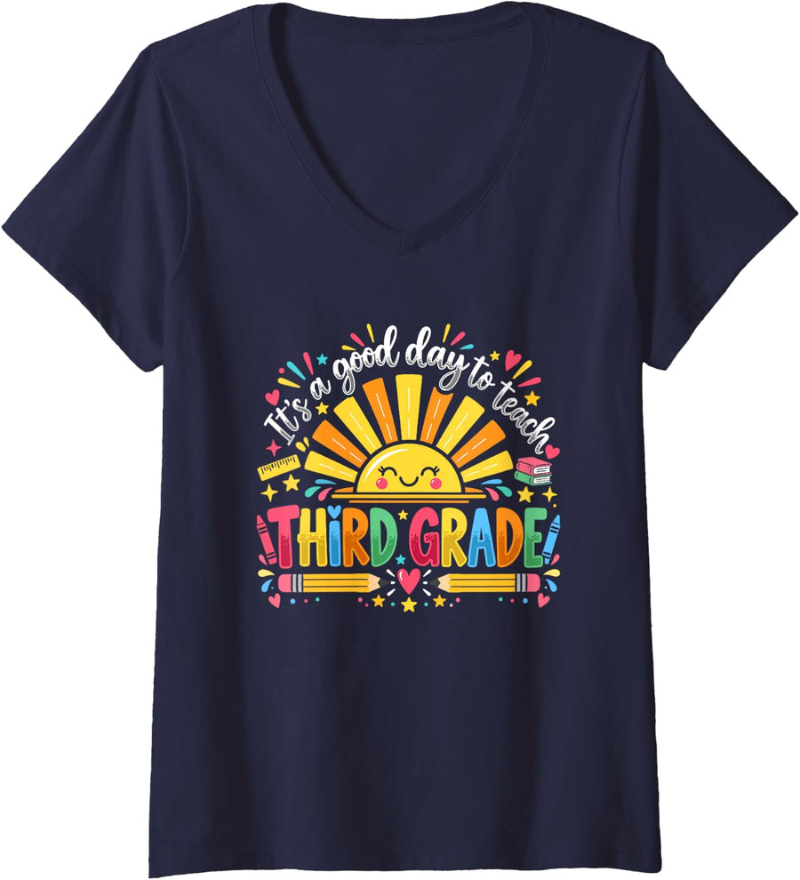 Women's Third Grade Teacher Good Day to Teach Sunshine V-Neck T-Shirt - Navy Blue