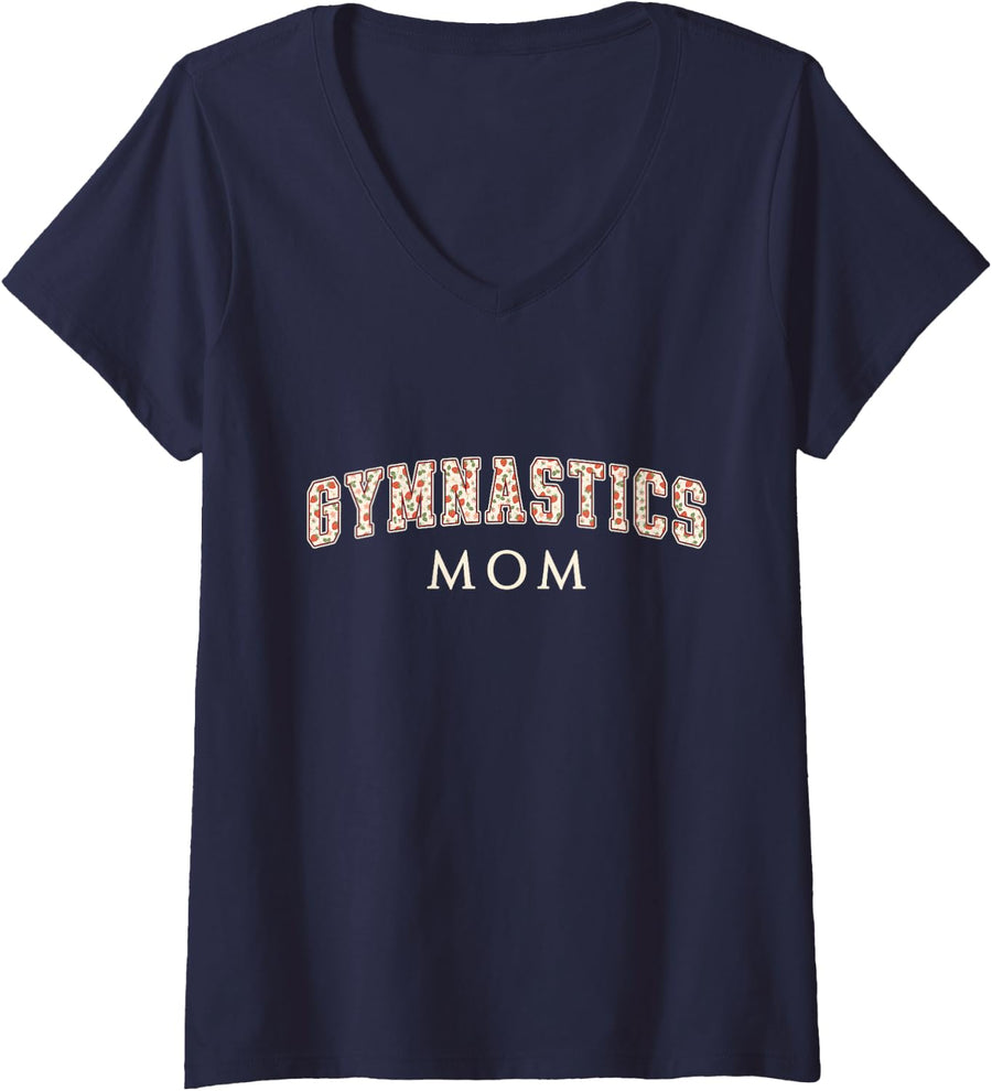Women's Gymnastics Mom Strawberry Varsity Letters Gym Mom V-Neck T-Shirt - Navy Blue