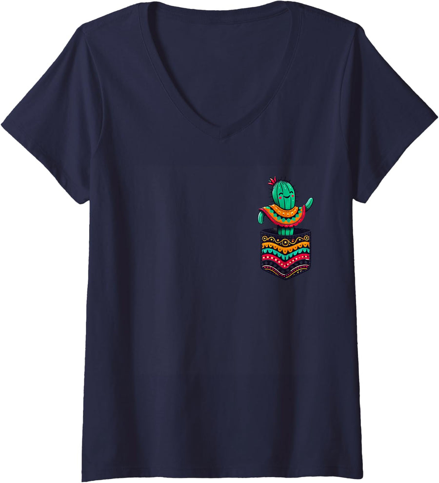 Women's Cute Cactus Pocket Serape Cinco De Mayo Mexican Party Fiesta V-Neck T-Shirt - Navy Blue