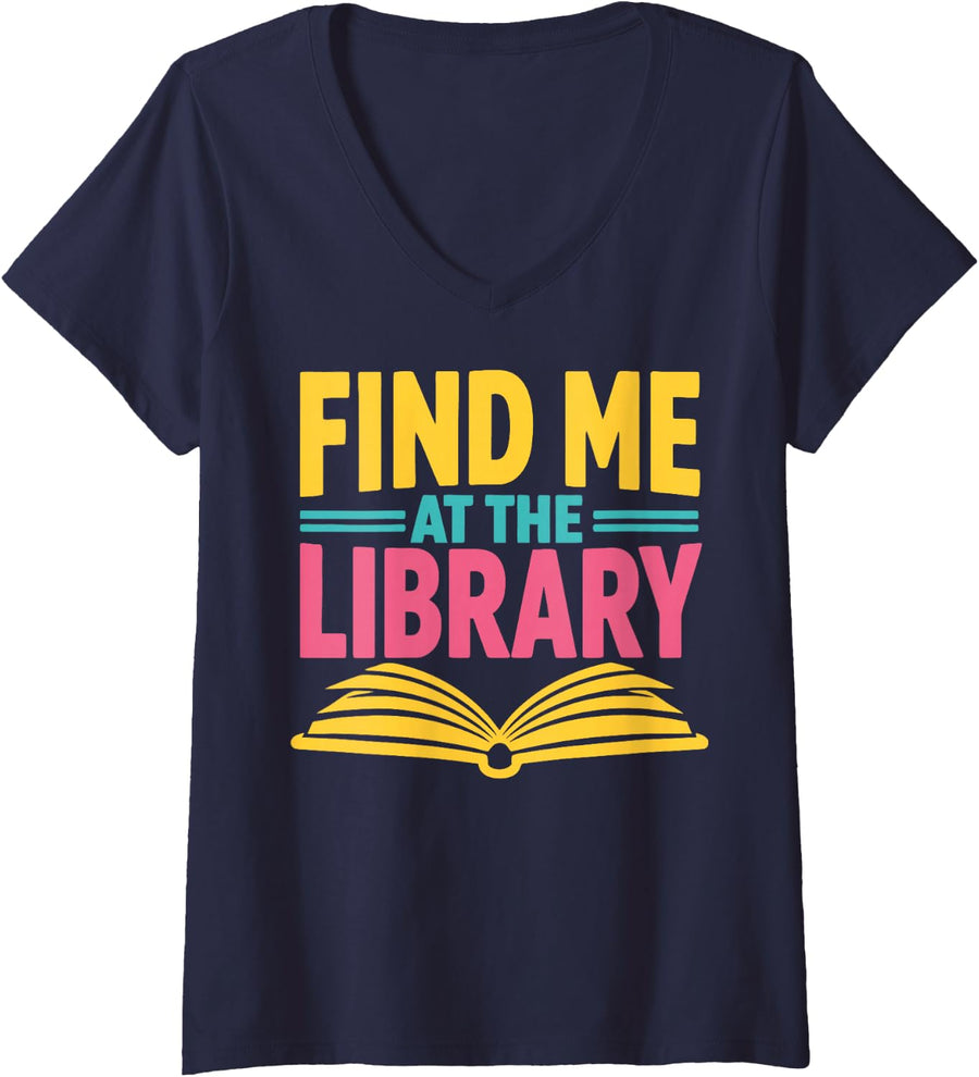 Women's Library Book Lover Reading V-Neck T-Shirt - Navy Blue