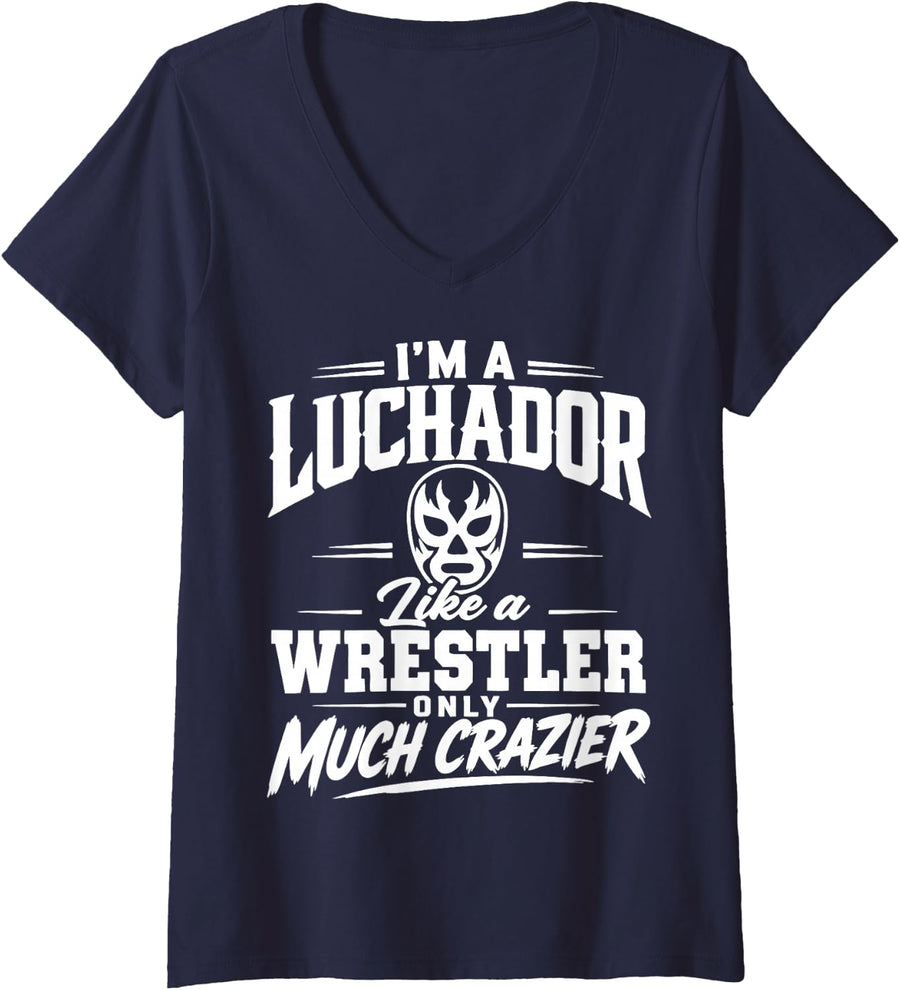 Women's Lucha Libre Mexican Wrestler Humor Mask Wrestling V-Neck T-Shirt - Navy Blue