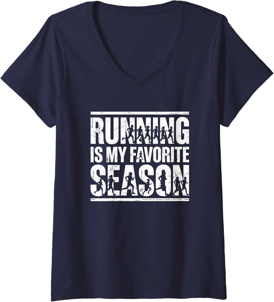 Women's Running is Favorite Season Jogger Marathon V-Neck T-Shirt - Navy Blue