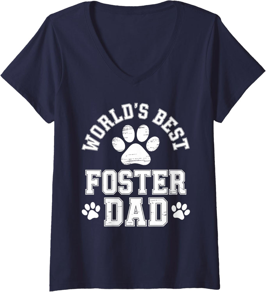 Women's Foster Dog Dad Art for Men Boys Dad Puppy Rescue Dog Dad V-Neck T-Shirt - Navy Blue