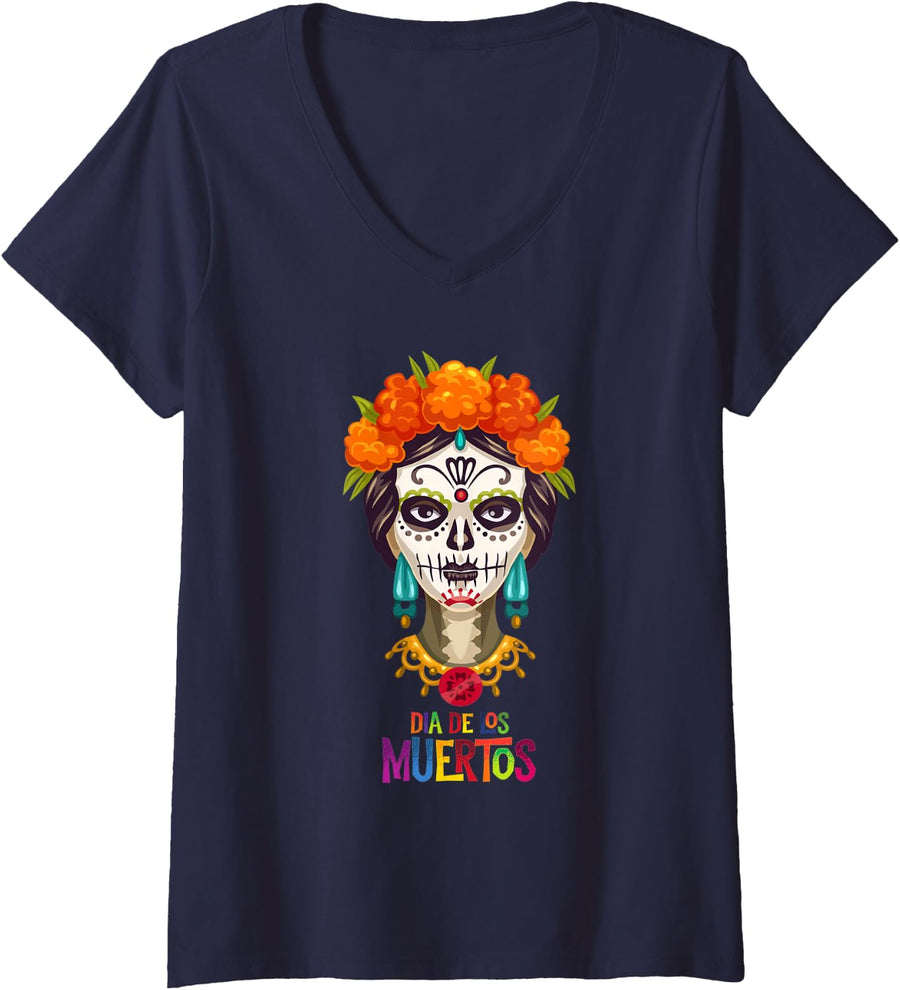 Womens Day of the Dead Lady Sugar Skull Dia De Los Muertos V-Neck T-Shirt - Navy Blue