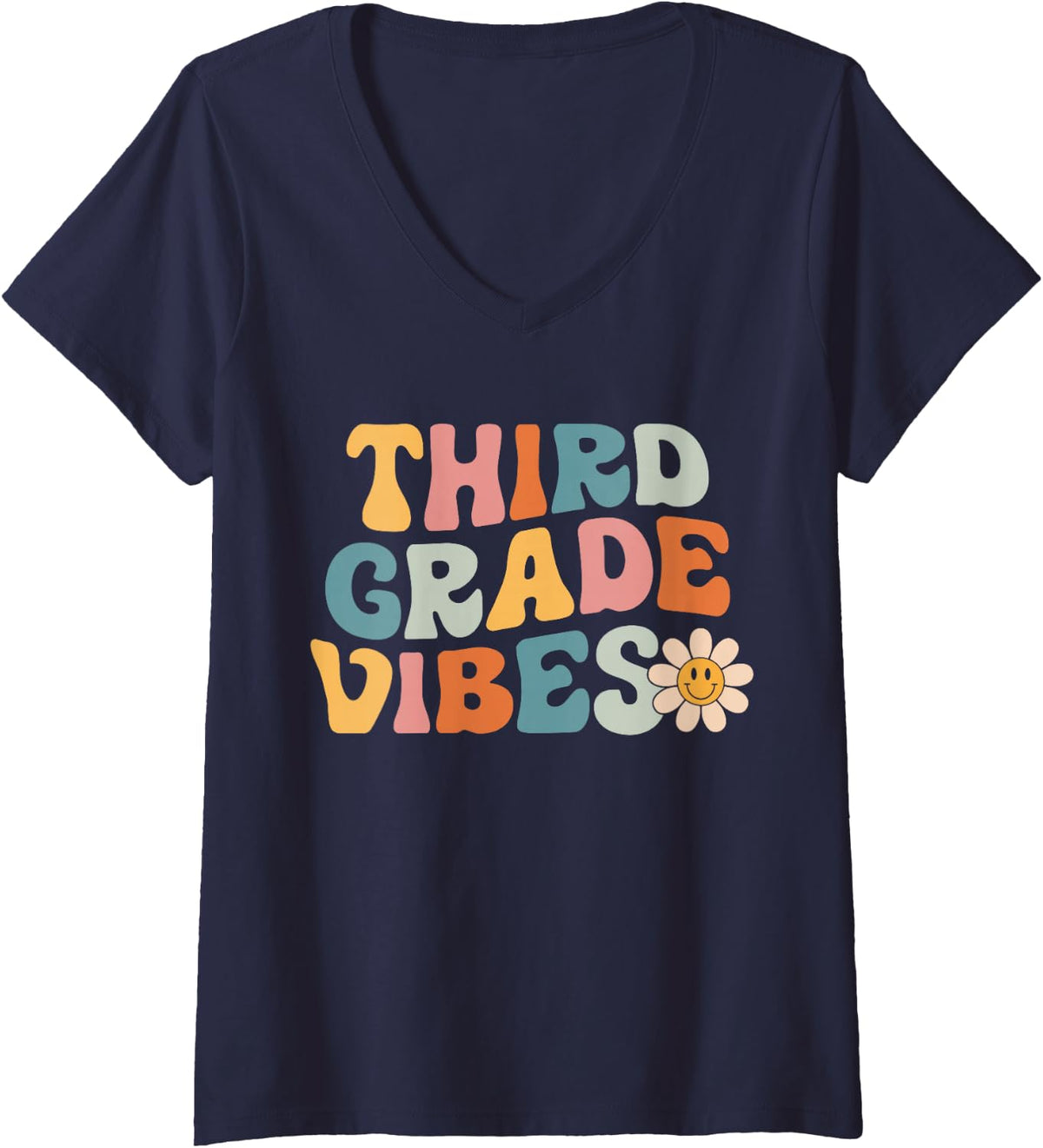 Womens Third Grade Vibes - 3rd Grade Team Retro 1st Day of School V-Neck T-Shirt - Navy Blue
