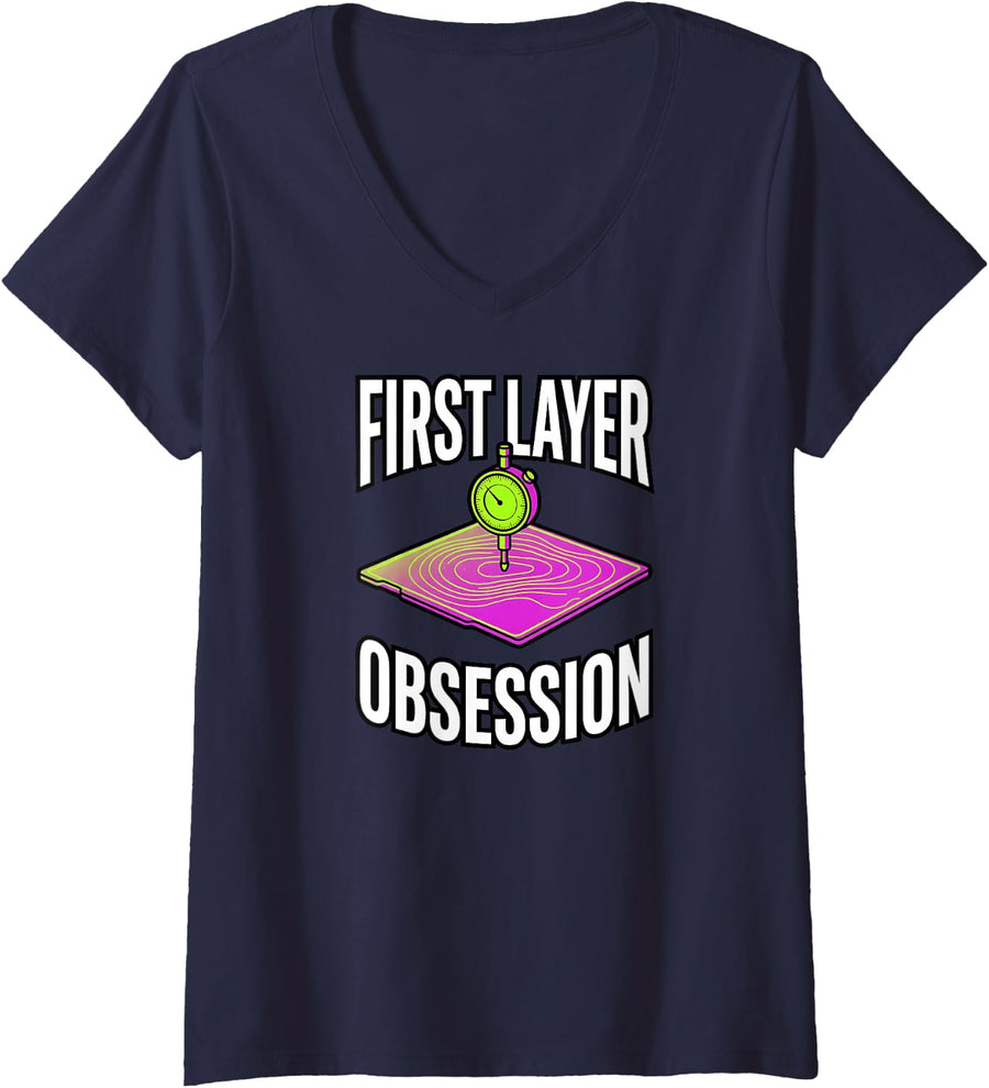 Women's 3D Printing First Layer Obsession Bed Leveling V-Neck T-Shirt - Navy Blue