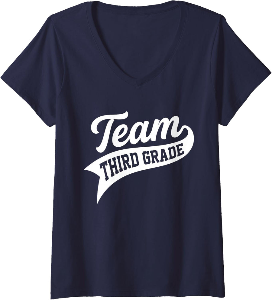 Women's Team Third Grade Teacher Back to School Student Squad V-Neck T-Shirt - Navy Blue