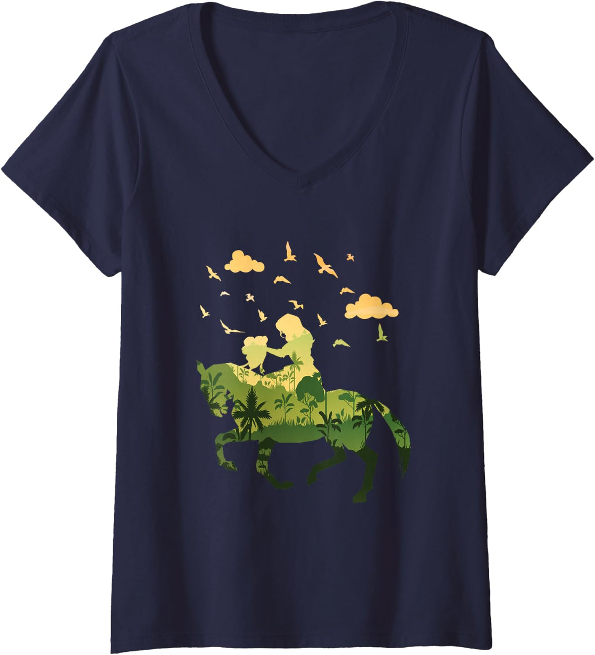 Women's Women Riding Horse Silhoutte V-Neck T-Shirt - Navy Blue