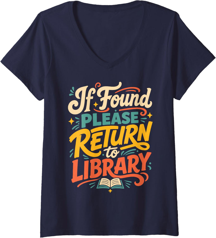 Women's Retro Book Lover Library Reading V-Neck T-Shirt - Navy Blue