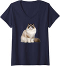 Women's Ragdoll Cat Design Beautiful Feline V-Neck T-Shirt - Navy Blue