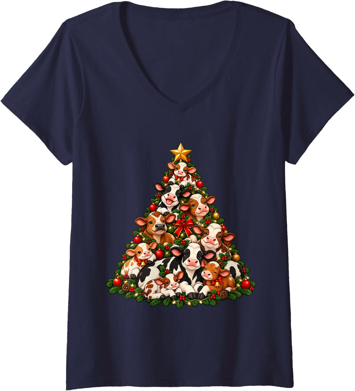 Women's Cow Lover Christmas Tree V-Neck T-Shirt - Navy Blue
