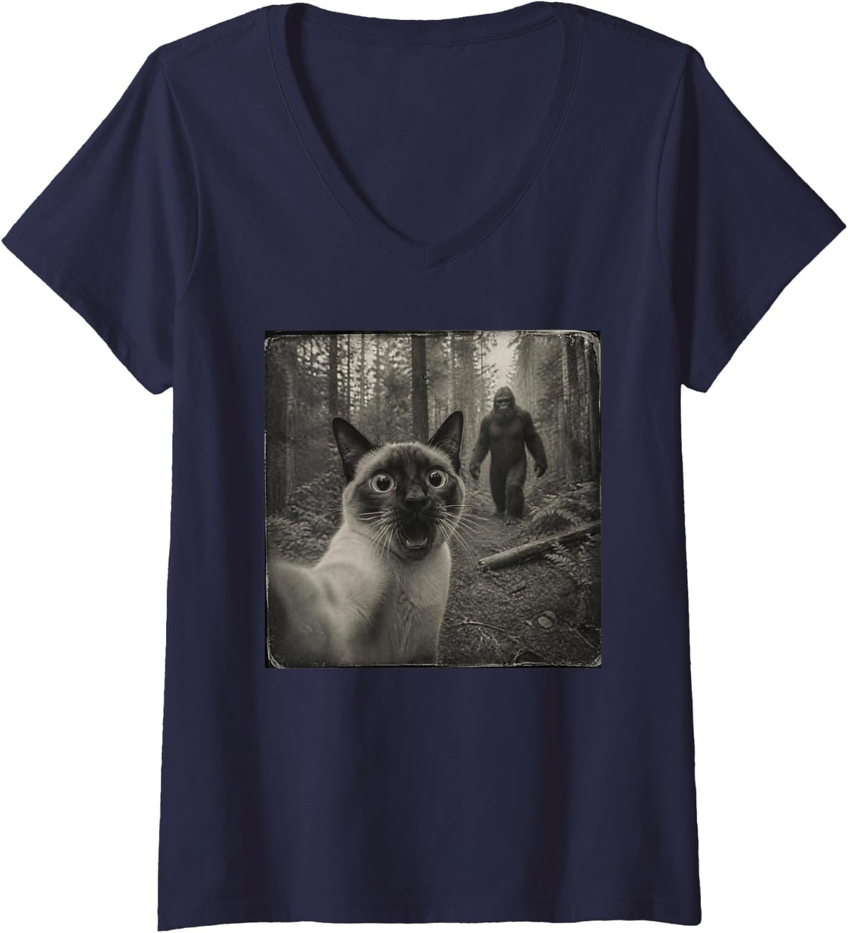 Women's Funny Bigfoot Siamese Cat V-Neck T-Shirt - Navy Blue