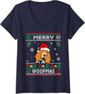 Women's Merry Woofmas Basset Hound Dog Christmas Funny Ugly Xmas V-Neck T-Shirt - Navy Blue