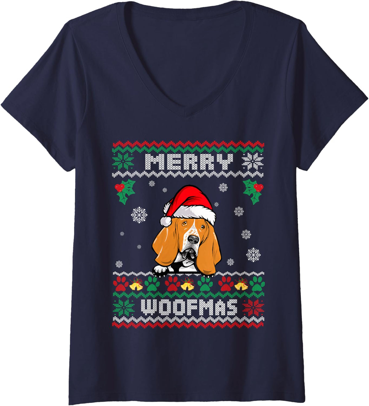 Women's Merry Woofmas Basset Hound Dog Christmas Funny Ugly Xmas V-Neck T-Shirt - Navy Blue