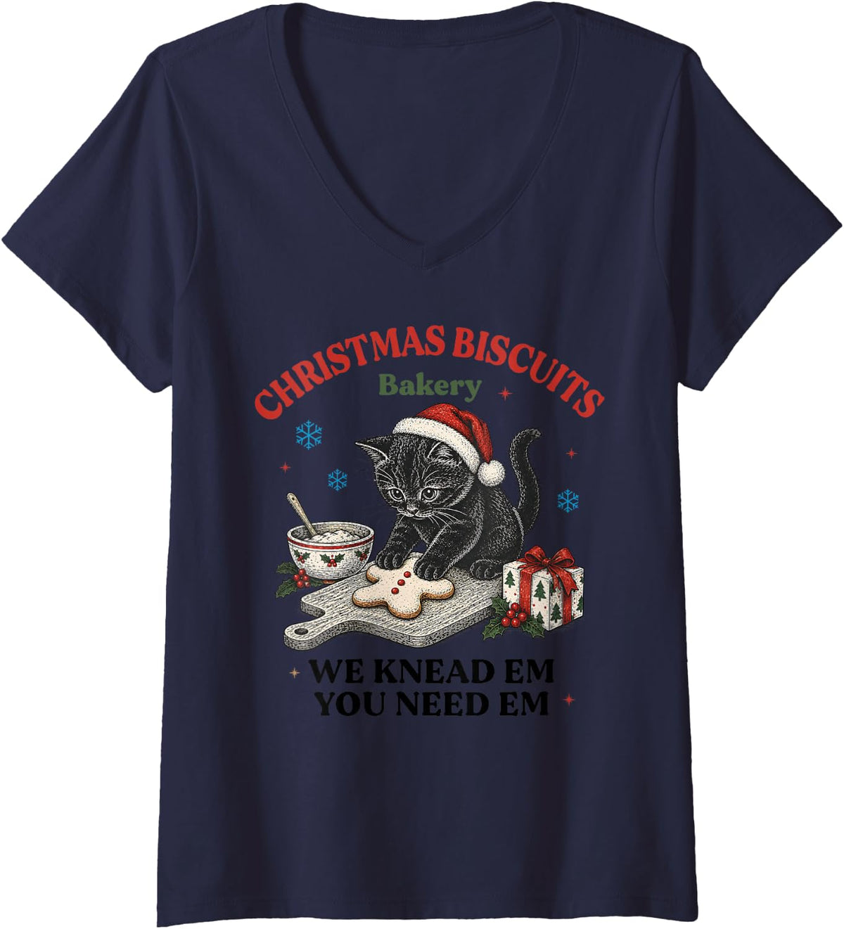 Women's Christmas Cat Kitty Biscuits Xmas Baking Gingerbread Cookie V-Neck T-Shirt - Navy Blue