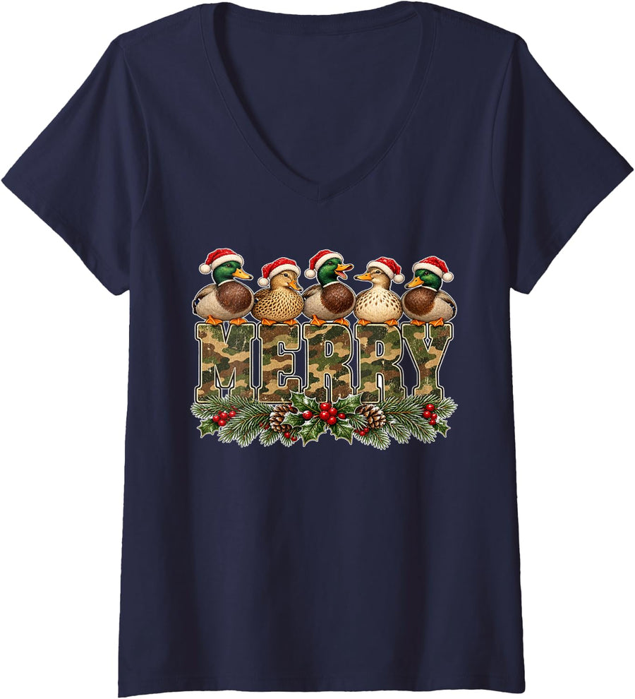 Women's Merry Camo Letters Mallard Ducks Toppers Hunting Christmas V-Neck T-Shirt - Navy Blue