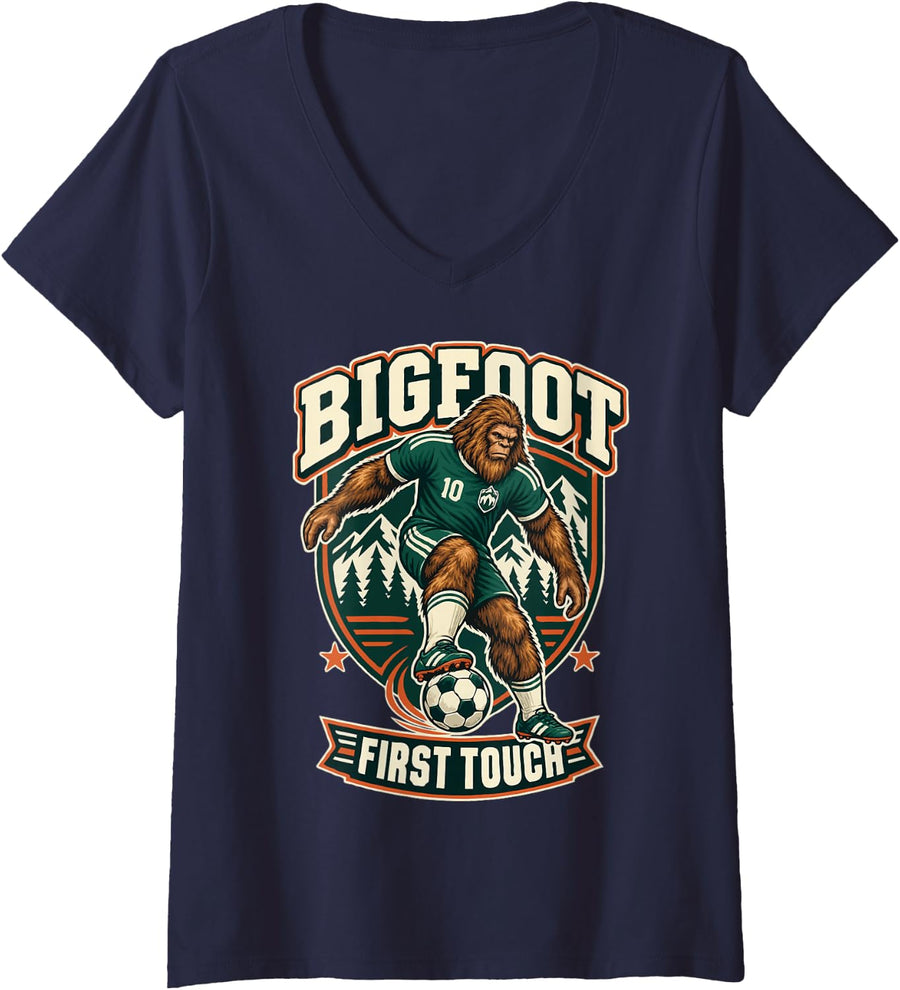 Women's Bigfoot First Touch Soccer Cryptid Player Humor V-Neck T-Shirt - Navy Blue