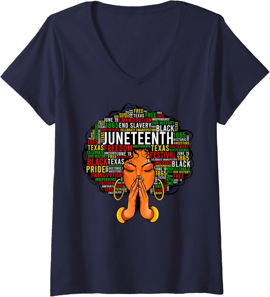 Womens Juneteenth Melanin Black Women Natural Hair Graphic V-Neck T-Shirt - Navy Blue