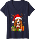 Women's Xmas Decor Cute Festive Santa Hat Basset Hound Dog Christmas V-Neck T-Shirt - Navy Blue