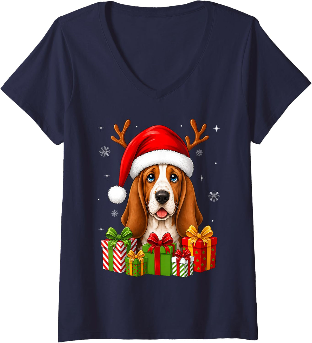 Women's Xmas Decor Cute Festive Santa Hat Basset Hound Dog Christmas V-Neck T-Shirt - Navy Blue