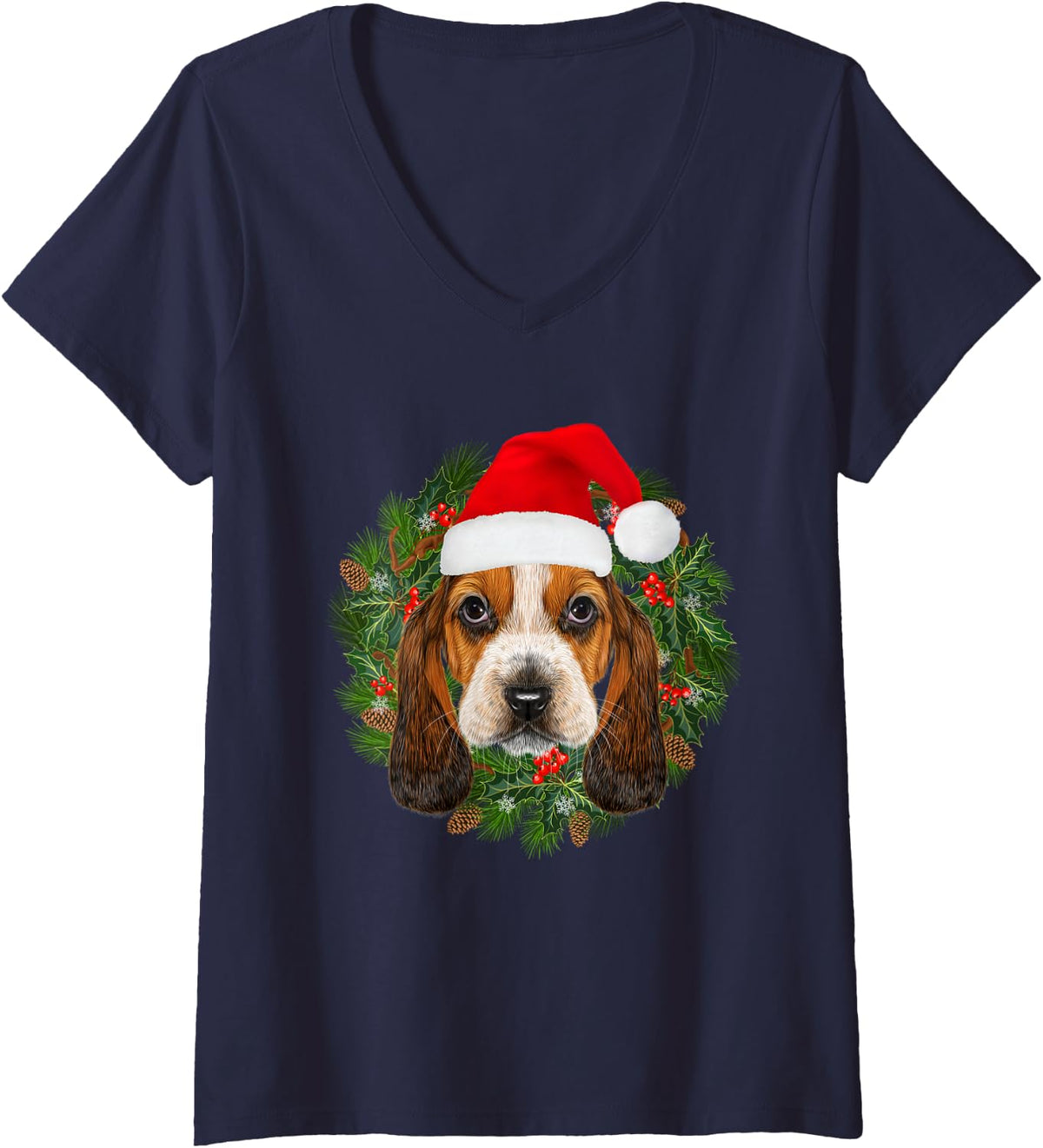 Women's Basset Hound Dog Santa Hat Merry Christmas Funny Dogs Xmas V-Neck T-Shirt - Navy Blue