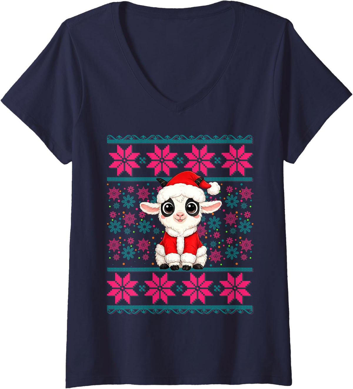 Women's Cute Goat Wearing Santa Hat Ugly Christmas Pajama Girls V-Neck T-Shirt - Navy Blue