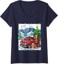 Women's Two Cute Santa Basset Hounds On Pickup Truck Christmas Owner V-Neck T-Shirt - Navy Blue