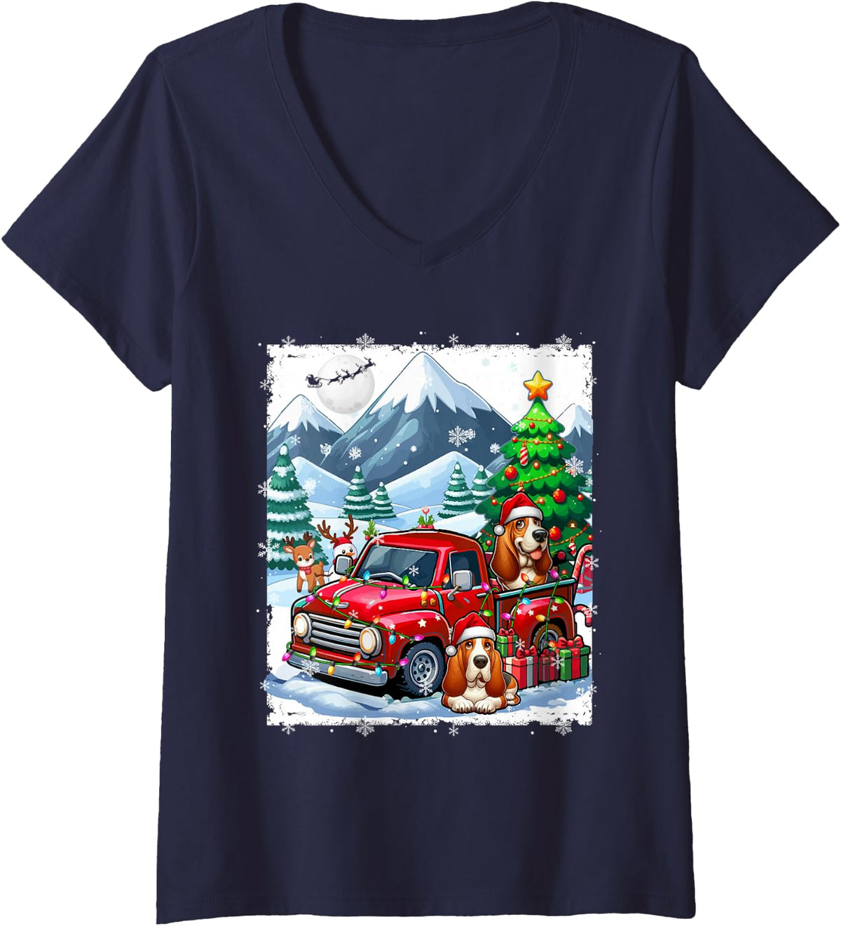 Women's Two Cute Santa Basset Hounds On Pickup Truck Christmas Owner V-Neck T-Shirt - Navy Blue