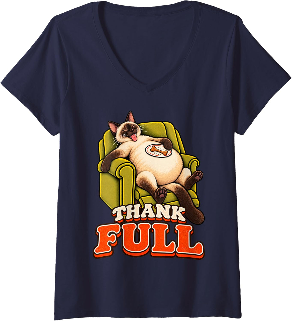 Women's Siamese Cat Funny Turkey Day Retro Vintage Overeat Sleep Nap V-Neck T-Shirt - Navy Blue