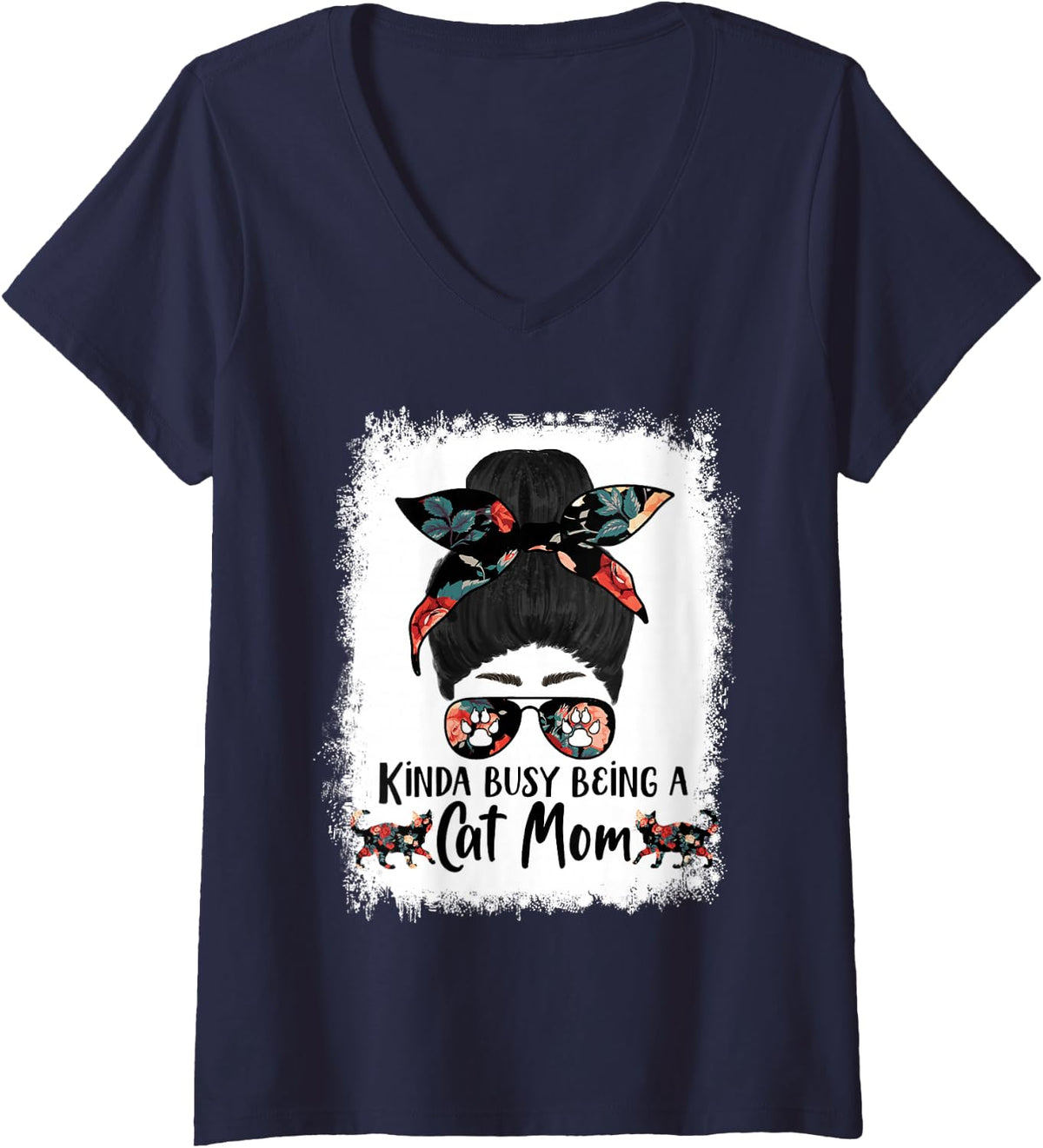 Women's Kinda Busy Being A Cat Mom Bengal Funny Messy Bun V-Neck T-Shirt - Navy Blue