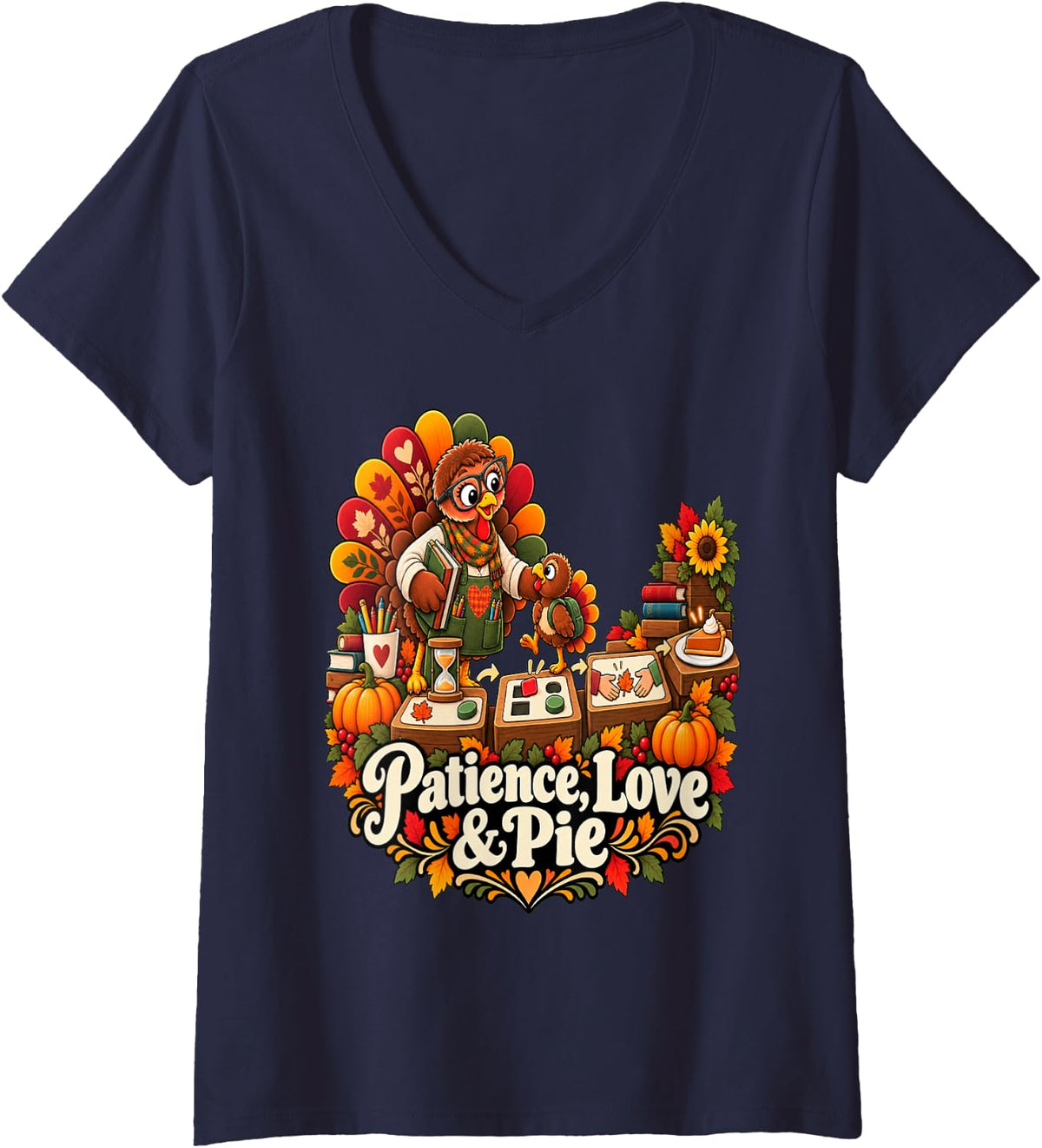 Women's Patience Love and Pie Special Education Teacher Thanksgiving V-Neck T-Shirt - Navy Blue