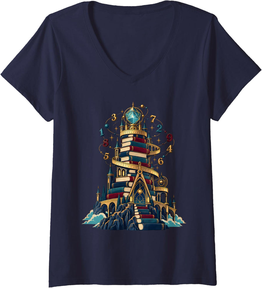 Women's Mathematics Book Tower Math Wizard Geometry V-Neck T-Shirt - Navy Blue