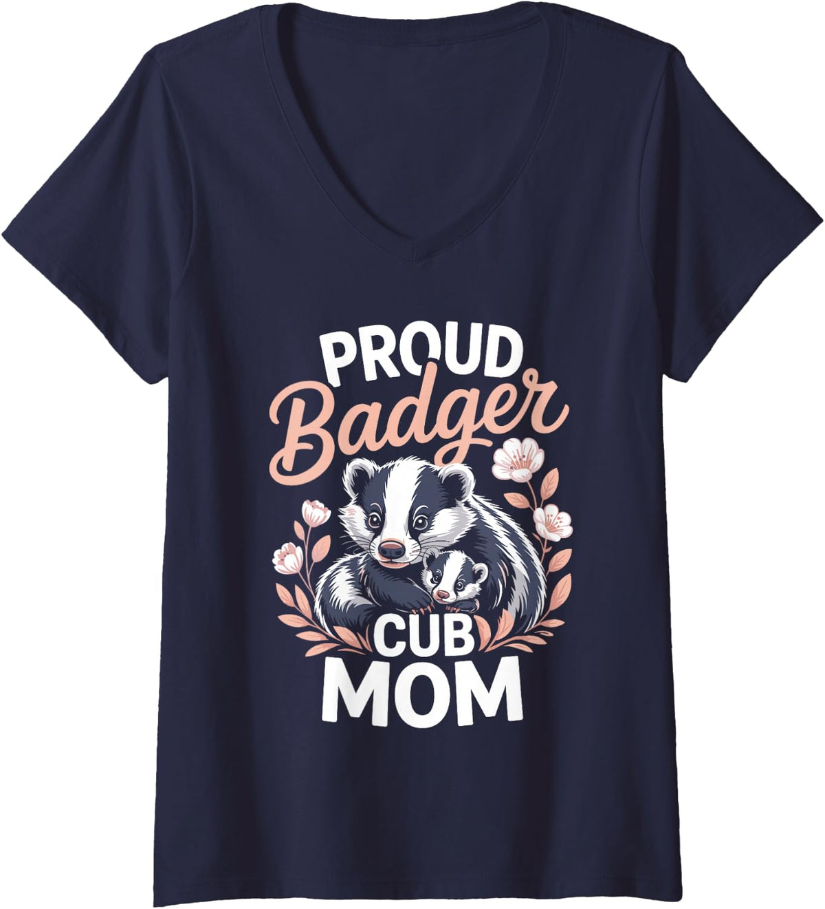 Women's Proud Badger Cub Mom Woodland V-Neck T-Shirt - Navy Blue