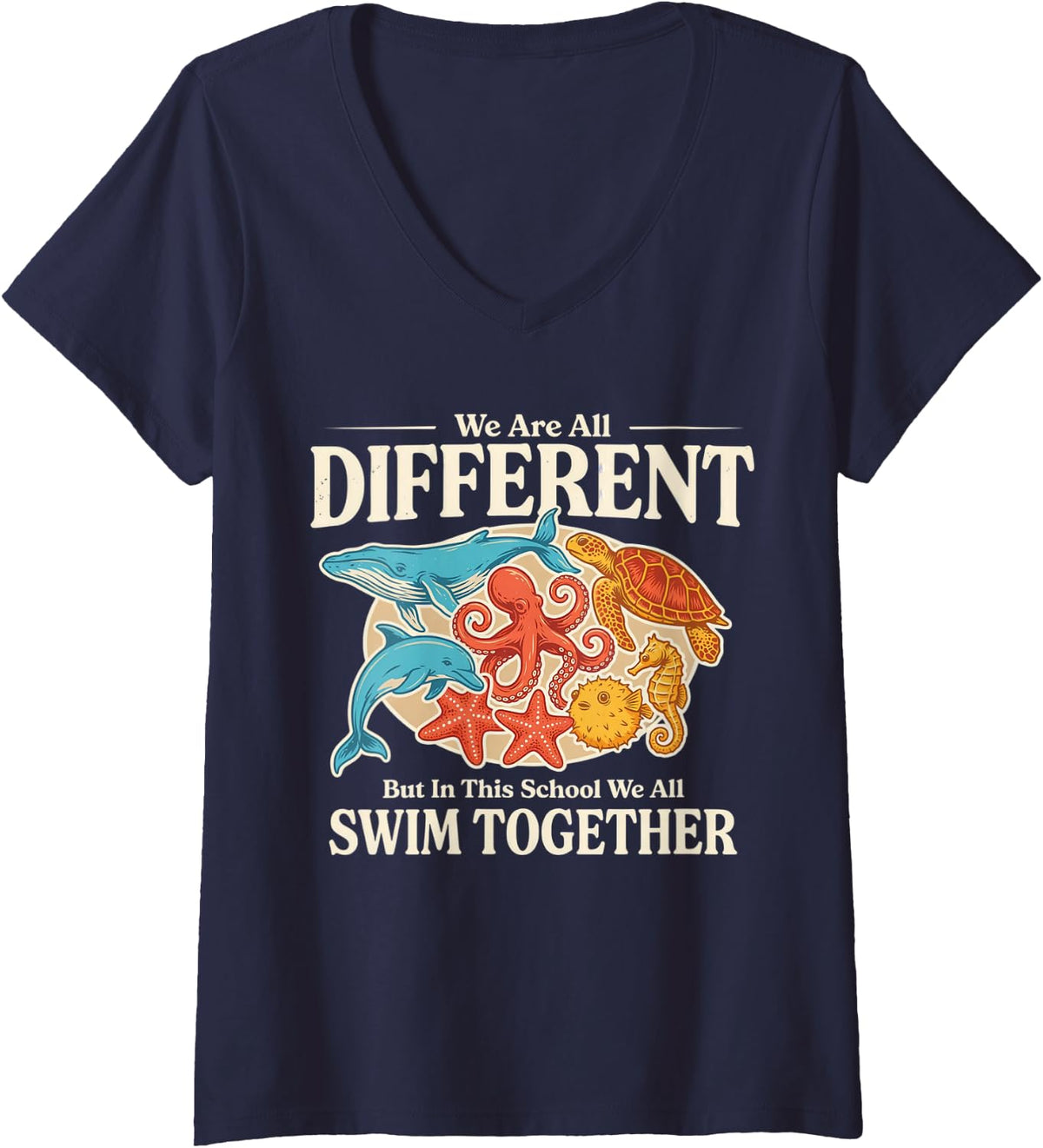 Women's We are All Different Swim Together School Teacher V-Neck T-Shirt - Navy Blue
