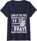 Women's Land of The Free Because My Mom Brave Proud Military Child V-Neck T-Shirt - Navy Blue
