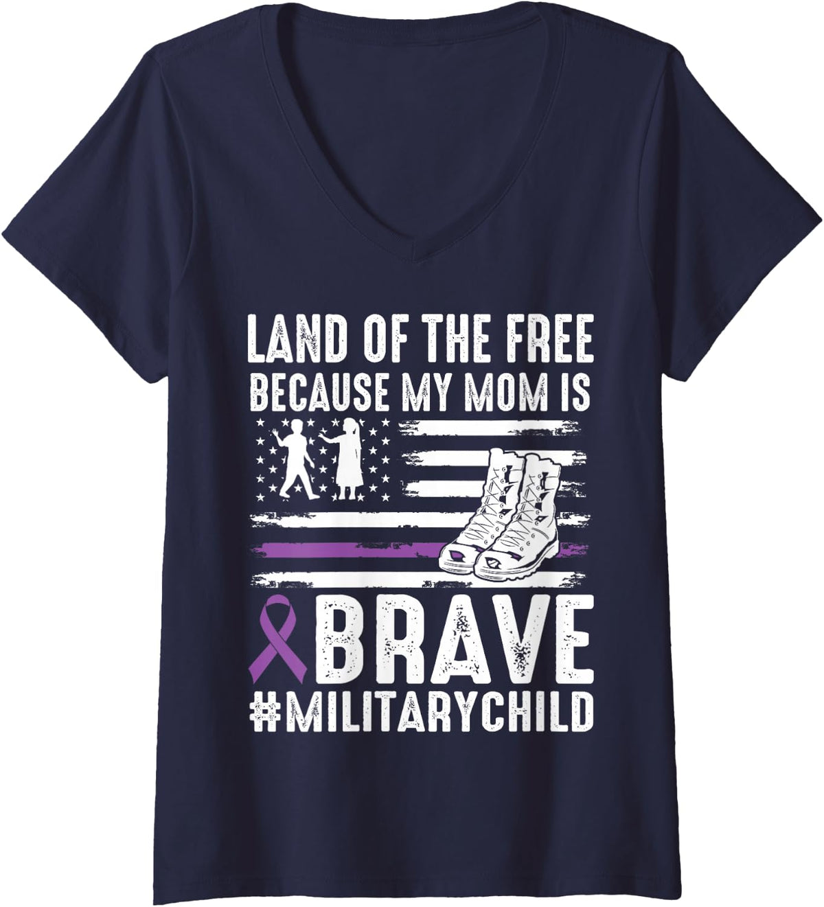 Women's Land of The Free Because My Mom Brave Proud Military Child V-Neck T-Shirt - Navy Blue