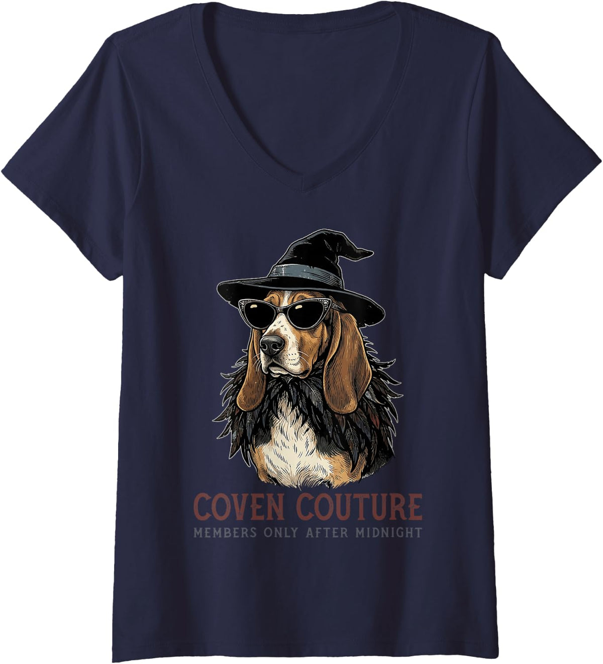 Women's Basset Hound Dog Witch Hat Sunglasses Feather Shawl Stylish V-Neck T-Shirt - Navy Blue