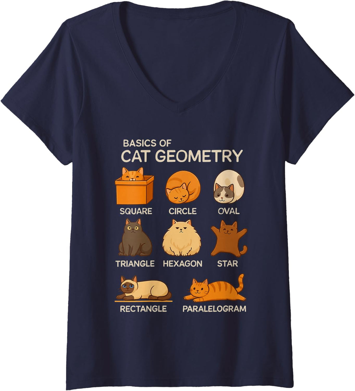 Women's Basic Cat Geometry Cute Cat Cat Lover Cat Owner Math School V-Neck T-Shirt - Navy Blue