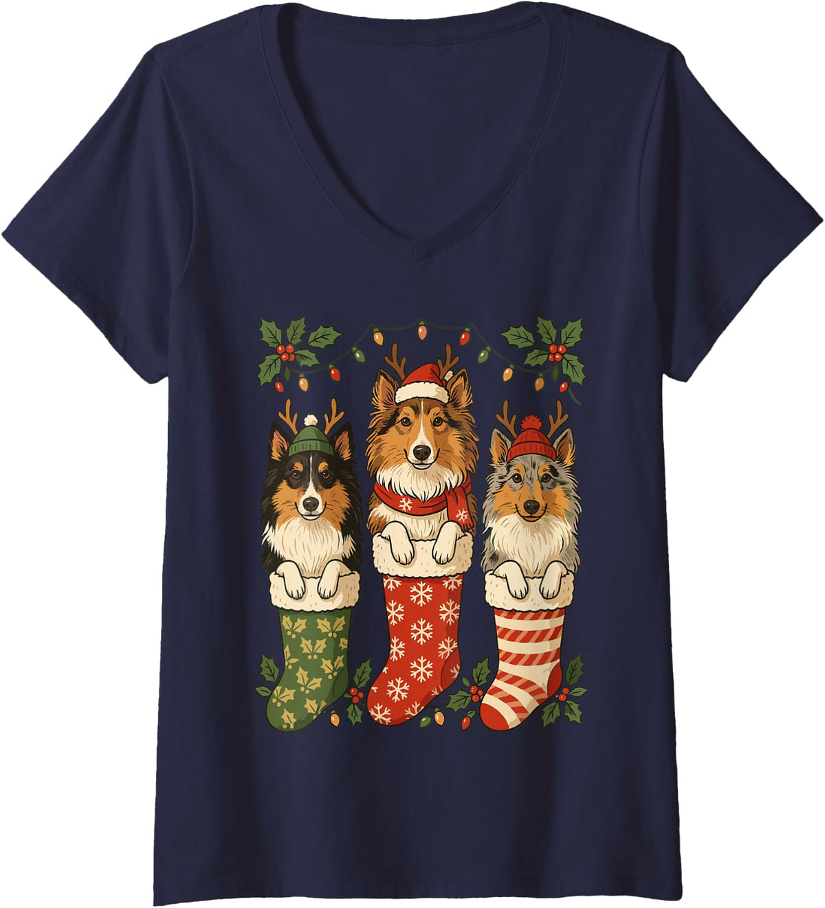 Women's Adorable Sheltie Christmas Stocking Puppy Lover Mom Dad V-Neck T-Shirt - Navy Blue